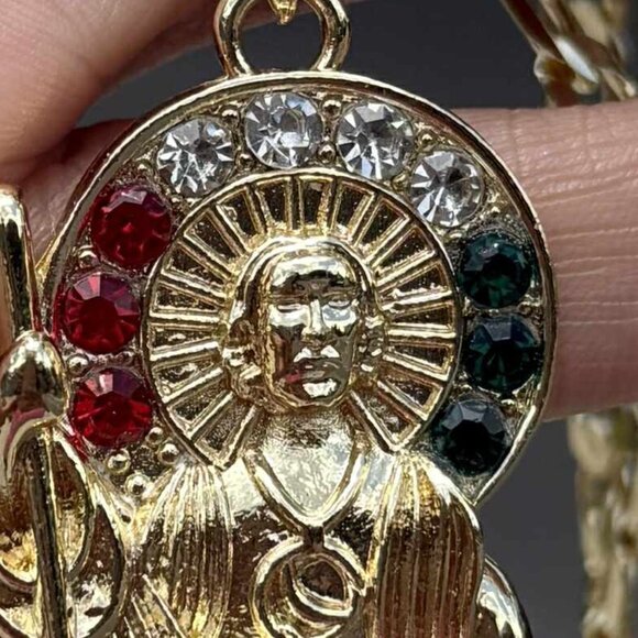 San Judas Tadeo Pendant Religious Necklace 14K GP Miami Cuban Chain 20x4mm - Picture 4 of 5